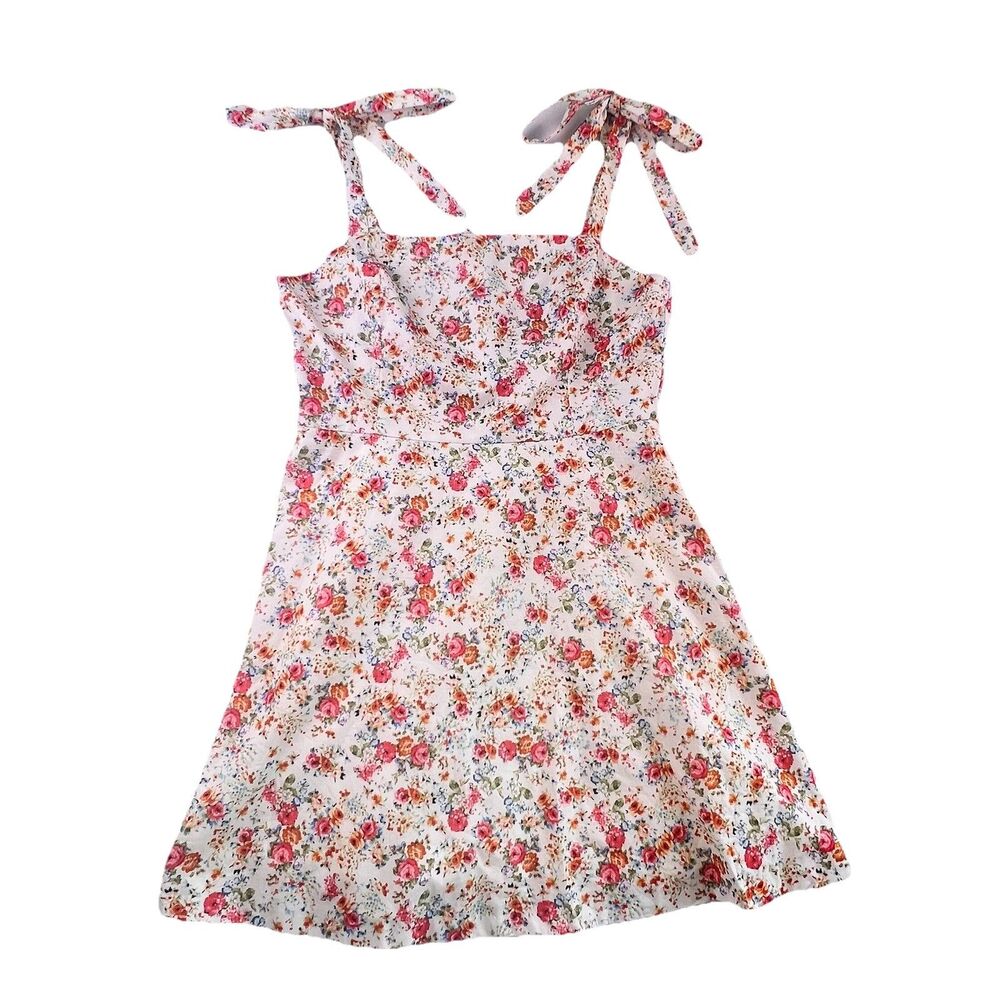 Zara Floral Mini Dress Tie Shoulder Women’s Size L Cream Roses Feminine